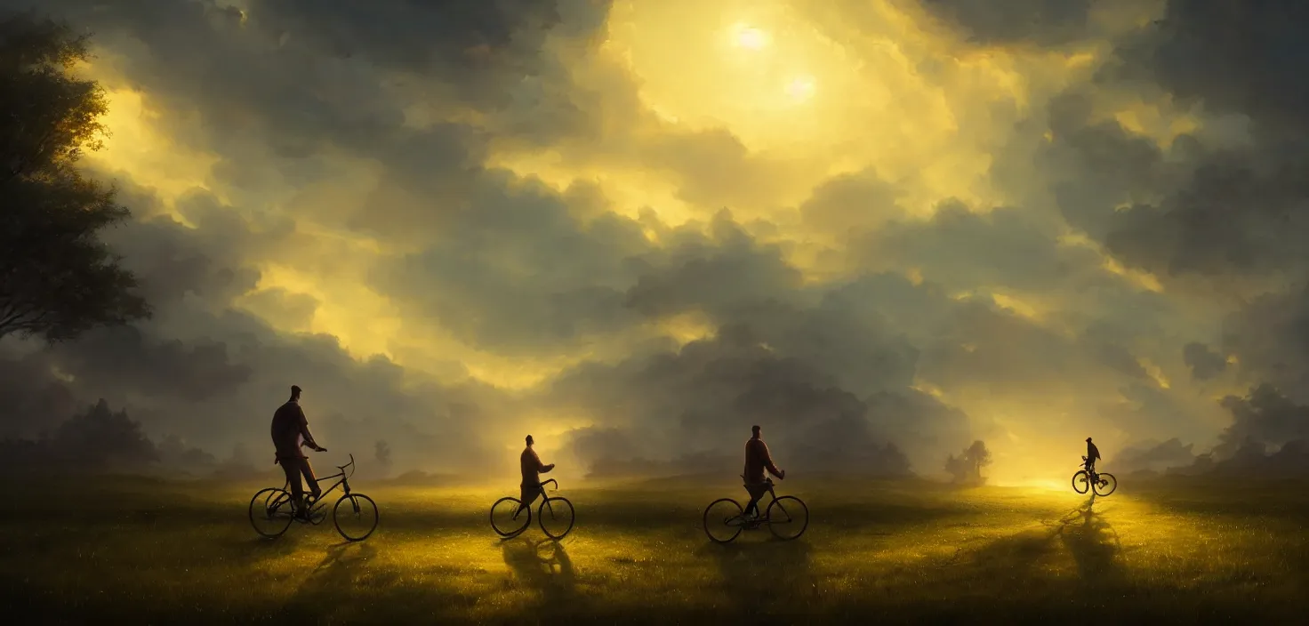 Prompt: man on bicycle in a land full of lanterns, cinematic view, epic sky, detailed, concept art, low angle, high detail, warm lighting, volumetric, godrays, vivid, beautiful, trending on artstation, by jordan grimmer, huge scene, grass, art greg rutkowski