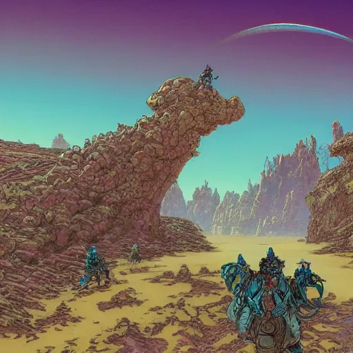 Image similar to porcelain fort, alien desert, multiple suns, lush desert flora, some riders off in the distance, wide angle, late afternoon, 4 k, illustrated by moebius, highly highly highly detailed, saturated