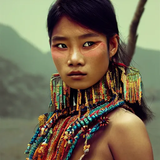 Image similar to portrait of a stunningly beautiful asian tribal female, depth of field, zeiss lens, detailed, symmetrical, centered, fashion photoshoot, by annie leibovitz and steve mccurry, david lazar, jimmy nelsson, breathtaking, 8 k resolution, extremely detailed, beautiful, establishing shot, artistic, hyperrealistic, beautiful face, octane render