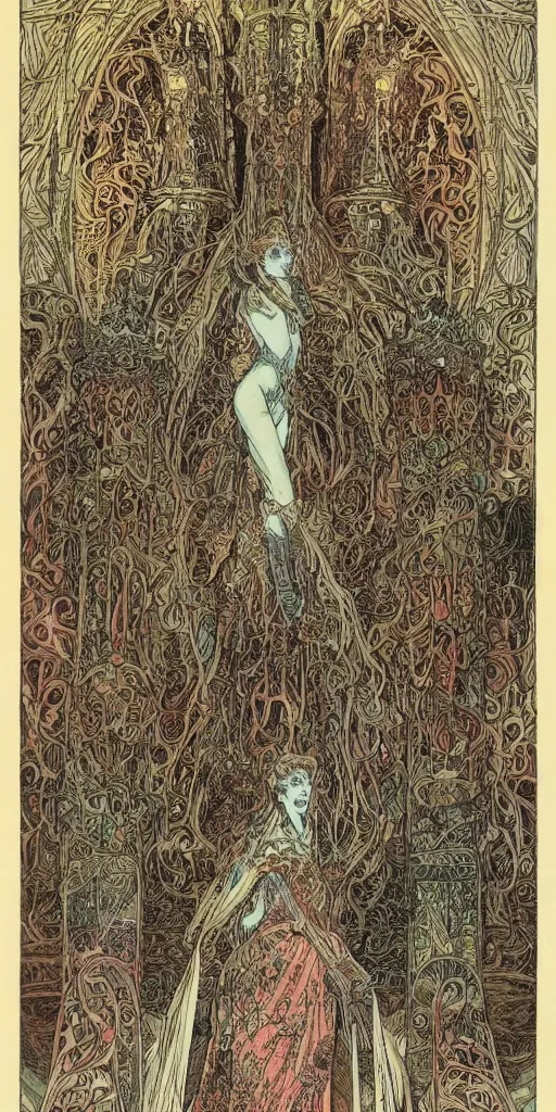 Image similar to castle by philippe druillet and gustave dore and mucha and moebius