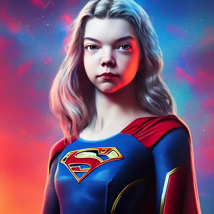 Image similar to anya taylor joy as supergirl. intricate abstract. intricate artwork. by tooth wu, wlop, beeple, dan mumford. octane render, trending on artstation, greg rutkowski very coherent symmetrical artwork. cinematic, hyper realism, high detail, octane render, 8 k, iridescent accents