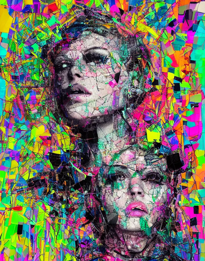 Prompt: she chained in neon chains, digital collage, decoupage, assemblage, photomontage, canvas texture, minimalist, contemporary art, punk art, photorealistic, portrait, expressionism, masterpiece, dynamic composition, spectacular quality, intricate oil details, shattered glass texture