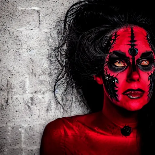 Image similar to stunning beautiful portrait photography of a face detailing demonic Countess wearing red and black dress from national geographic magazine award winning, dramatic lighting, taken with Sony alpha 9, sigma art lens, medium-shot