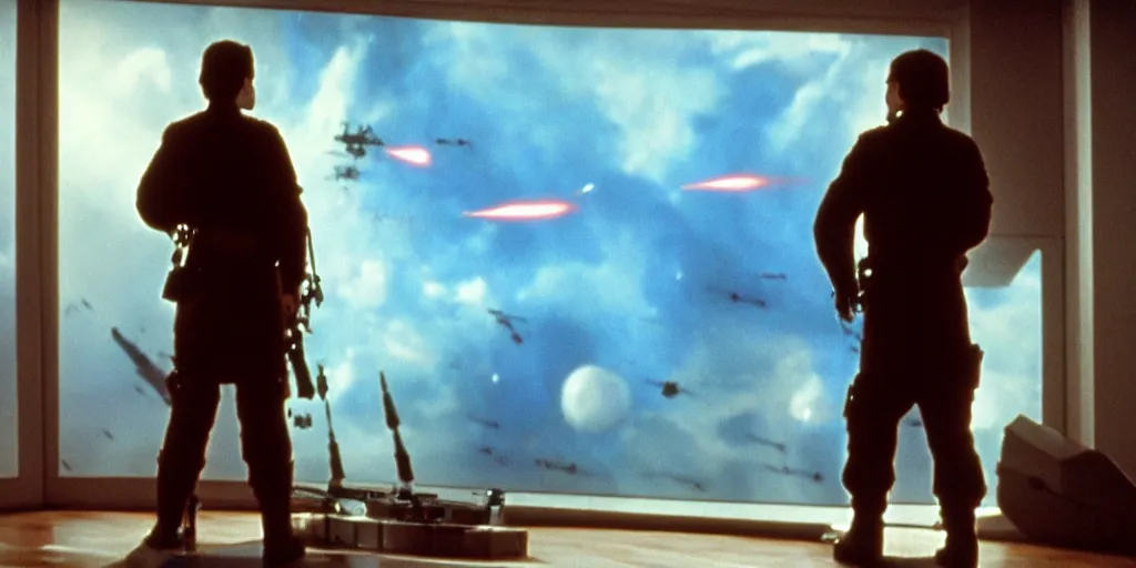 Image similar to a still from a film of a naval officer standing, back turned, in front of a large window with a live action Star Wars space battle, 35mm, directed by George Lucas, miniatures, ILM