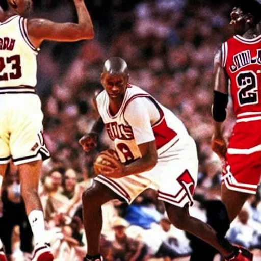 Image similar to frodo baggins blocking michael jordan, nba