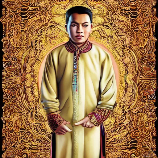 Image similar to javanese man wear traditional dress. matte, facial features, symmetrical anatomy, hyperdetailed, digital art, baroque, pop punk art style, fantasy, full body pictures, without duplication, art by artgerm and ilya kuvshinov and vinicius gud and gustavo zambelli, intricate, octane render.