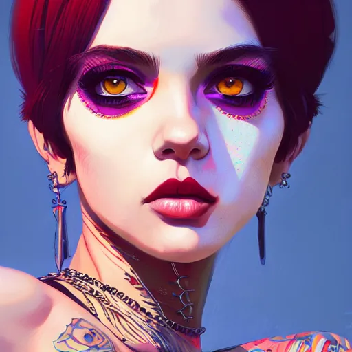 Image similar to a portrait of a beautiful punkrock gypsy, art by ilya kuvshinov and wlop and artgerm and josan gonzalez, digital art, highly detailed, intricate, sharp focus, trending on artstation hq, deviantart, pinterest, unreal engine 5, 4 k uhd image