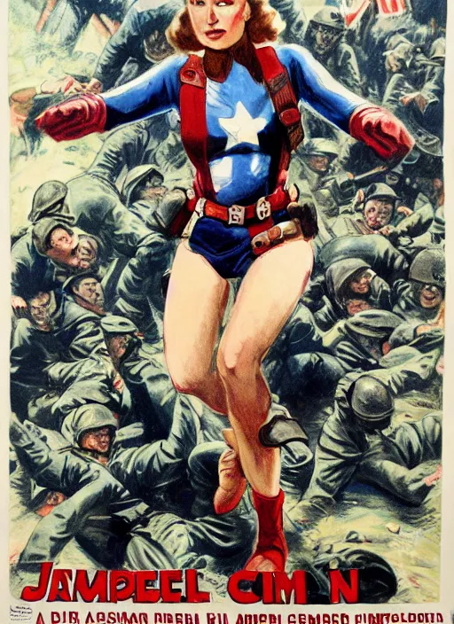 Image similar to beautiful jewish female captain america standing on a pile of defeated german soldiers. jewish feminist captain america wins wwii. american wwii propaganda poster by james gurney