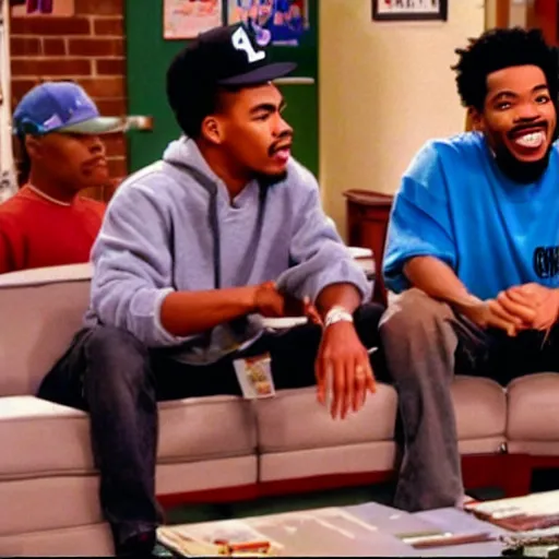 Image similar to a tv still of Chance The Rapper starring as a black college student at Jones College Prep in a 1993 sitcom