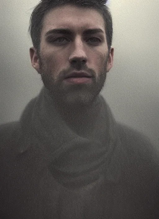 Image similar to Joseph Quinn in real life, face centered portrait of Joseph Quinn, Confident, fog, rain, volumetric lighting, beautiful, golden hour, sharp focus, ultra detailed, cgsociety by Leesha Hannigan, Ross Tran, Thierry Doizon, Kai Carpenter,Ignacio Fernández Ríos, noir art house, 4k, 35mm, fujifilm”