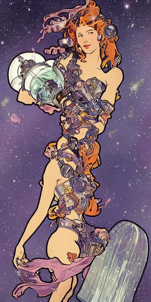 Image similar to a woman wearing outer space as a dress, pouring water from a vase into the milky way, by joe madura and boarder by alphonse mucha, battle chasers.