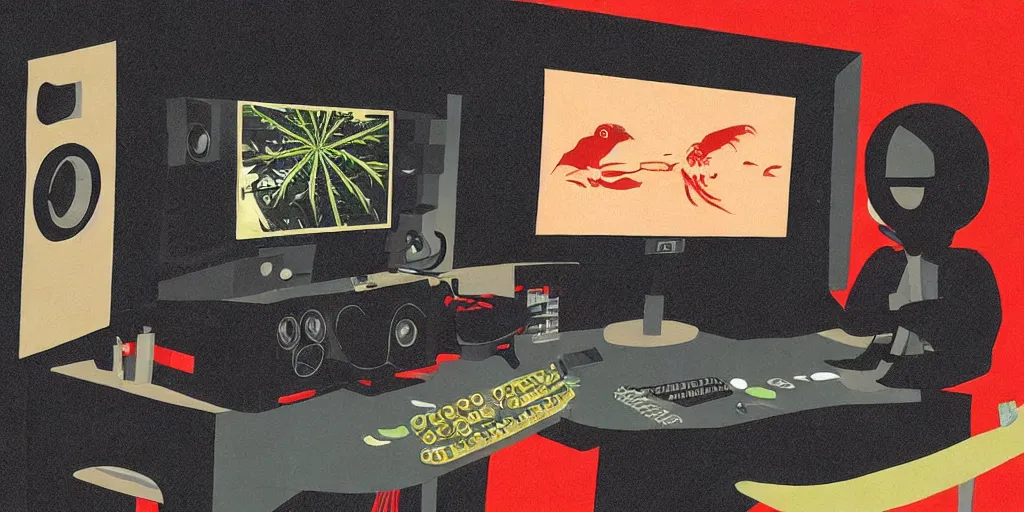 Image similar to 'black chicken'!!! smoking 'cannabis'!!!!!! in front of 'audio console'!!!! and 'multi monitors'!!!! 'in a hi-tech tv broadcasting studio'!!!!, artwork by James Gilleard