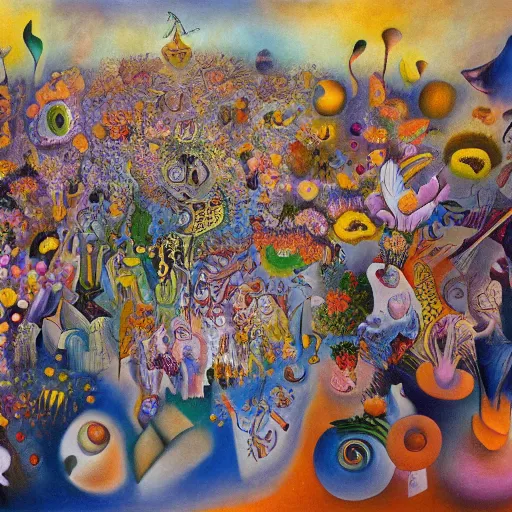 Prompt: a hd surrealism painting of a large crowd of cult worshippers surrounded by flowers by dali and kandinsky, ultra detailed, 8k