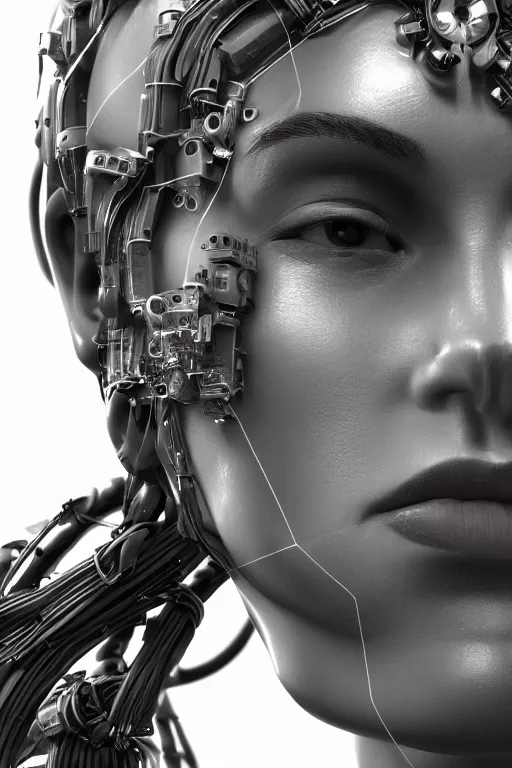 Image similar to close up headshot of a female android, intricately detailed mechanical parts, complicated circuits and wires, unreal engine, path tracing, 8k, artstation