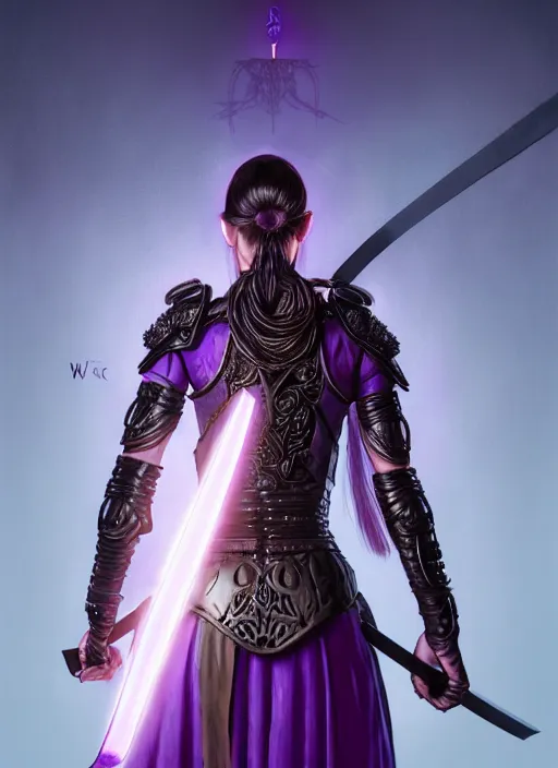Prompt: back, behind, portrait of a woman in purple leather future armor with a long black ponytail, holding a katana with glowing purple runes carved into the katana, intricate, elegant, candle light, highly detailed, digital painting, artstation, concept art, smooth, sharp focus, illustration, art by wlop, mars ravelo and greg rutkowski