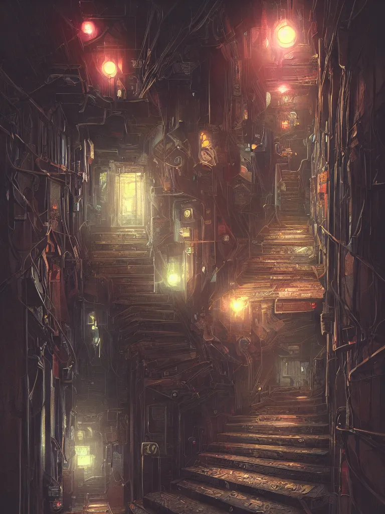 Prompt: look down a cellar staircase, neon lights, cyberpunk style, digital painting, concept art, smooth, sharp focus, hyperrealistic, illustration, artstation trending
