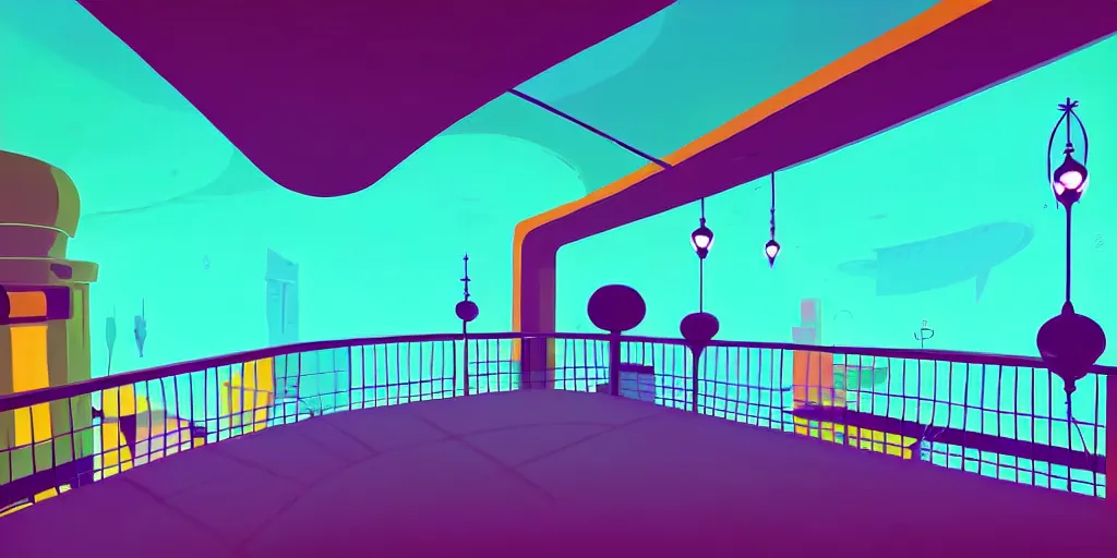 Image similar to minimalistic extreme wide angle curved perspective digital art of indoor top floor of a casino with a balcony to the ground floor by anton fadeev from ( nightmare before christmas )!!!!!!!!!!