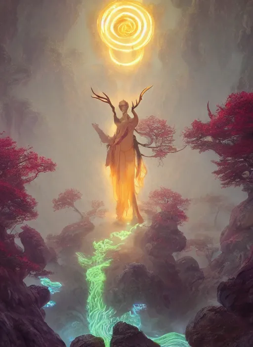 Image similar to Gigantic Stone Deity with a halo made of fluorescent mushrooms and antlers, flowing robes, extremly detailed digital painting, in the style of Fenghua Zhong and Ruan Jia and jeremy lipking and Peter Mohrbacher, mystical colors, rim light, beautiful lighting, 8k, stunning scene, raytracing, octane, trending on artstation