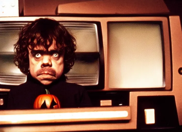 Prompt: a scene from a 1 9 8 2 s halloween iii, peter dinklage is watching tv, vhs distortion, cathode ray tube distortion, folk horror, hauntology, 8 k, 8 5 mm f 1. 8, studio lighting, rim light, right side key light