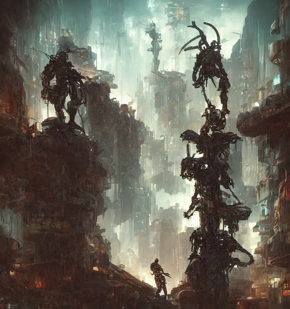 Image similar to cyberpunk gladiator, cinematic, highly detailed, octane render, cg, rich cinematic atmosphere, perfect digital art, mystical journey in strange world, Mystical, cyberpunk, tech war, sci-fi, surreal, glowing lights, sharp focus, high detailed, by Akihiko Yoshida, michael whelan and Karol Bak