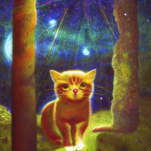 Image similar to psychedelic small cats hidden lush pine forest, outer space, milky way, designed by arnold bocklin, jules bastien - lepage, tarsila do amaral, wayne barlowe and gustave baumann, cheval michael, trending on artstation, star, sharp focus, colorful refracted sparkles and lines, soft light, 8 k 4 k