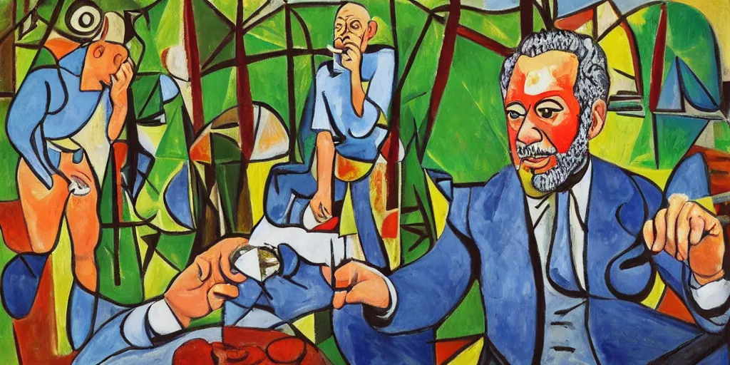 Prompt: alan sugar. going for a walk in the country. sitting on hands. eating leaves in the forest on the floor. eating burnt toast and drinking fresh clear water from a stream, painting in the style of [ [ pablo picasso ] ]. pastry pets on his shoulders