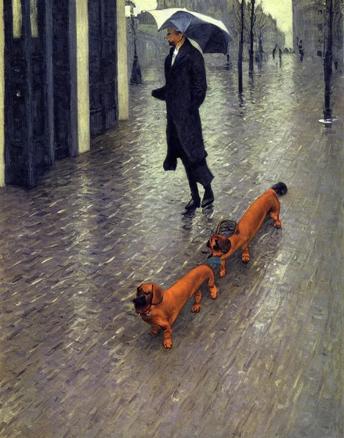 Prompt: Dachshund in rainy weather in Paris, oil painting by Gustave Caillebotte