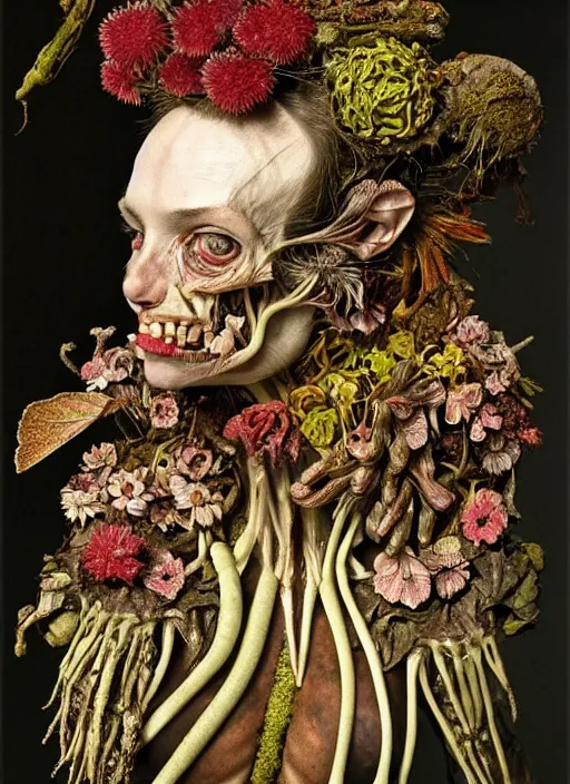 Image similar to beautiful and detailed rotten woman made of plants and many different types of flowers, muscles, intricate, organs, ornate, surreal, miguel angel, gustave courbet, caravaggio, romero ressendi, gunther von hagens