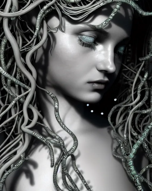 Image similar to mythical dreamy underwater artistic black and white 3 d render of a translucent beautiful young female angelic - medusa - vegetal - doll, highly detailed, intricate crystal ivy jelly ornate, poetic, translucent algae ornate, digital art, octane render, 8 k artistic photography, photo - realistic, hg giger flora borsi