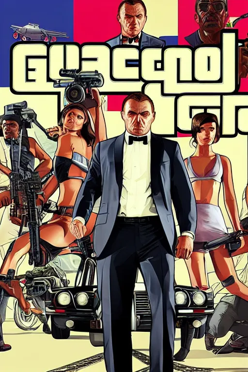 Image similar to GTA V cover art based on James Bond, starring 007 James Bond