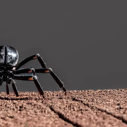 Prompt: a mechanical blackwidow spider doing a handstand in a haunted desert