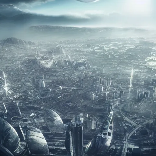 Prompt: Nordic fjords, colossal futuristic cities in the background destroyed, light from the tallest skyscraper piercing the sky, apocalyptic, photorealism, highly-detailed, atmospheric, award winning, 8k