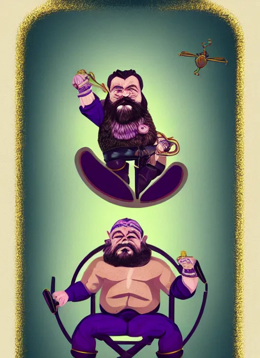 Image similar to dwarf fighter sitting in mechanical chair that has spider legs, gold and purple, exquisite details, black beard, white background, by studio muti