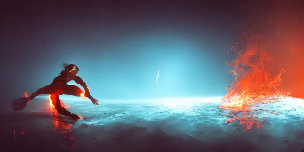 Image similar to underwater fisheye slow motion with trail fire effect of futuristic break dancer wearing long dark cloak and golden helmet emitting magic dust and fire, long exposure shot , enigmatic, at night underwater in the middle of the arctic with red light A letter, paddle of water, steam, fog, water splashes, rim lights, glossy reflections, water droplets on lens, octane render, Volumetric dynamic lighting, stunning cover magazine, high details, hajime sorayama