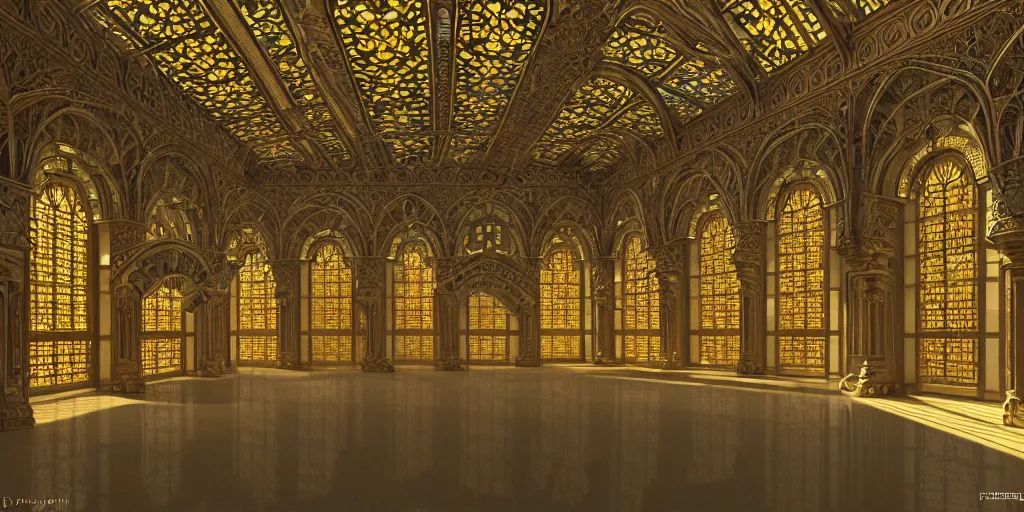 Prompt: beautiful interior render of a huge divine kingdom palace, symmetric, dazzling light beam penetrated through the window, the style of louis comfort tiffany, pascal blanche, andreas rocha, paul pepera, raphael lacoste, scene render, perfect shadow, exquisite, hyper detailed, gradient, fine structure texture, black gold color scheme, atmospheric lighting, 4 k hd