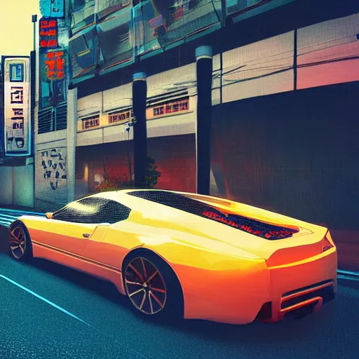 Image similar to a beautiful pixel art of a sport car parked in a street of Tokyo, sunset, trending on Artstation