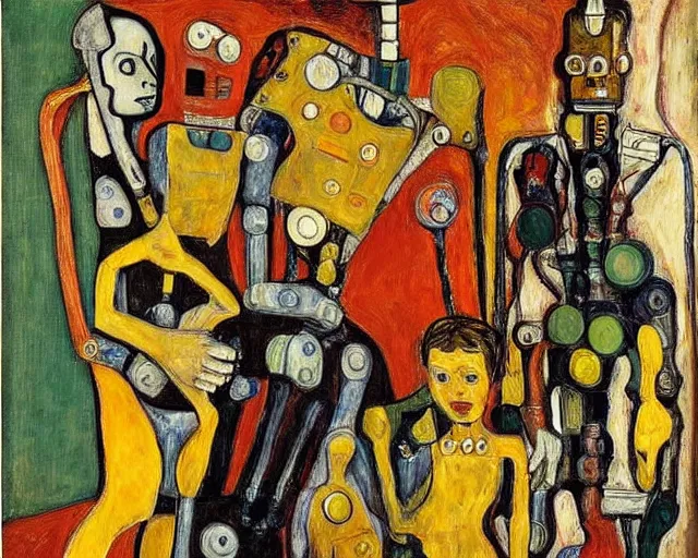 Image similar to a painting of a robot family portrait by graham sutherland, egon schiele, expressionism