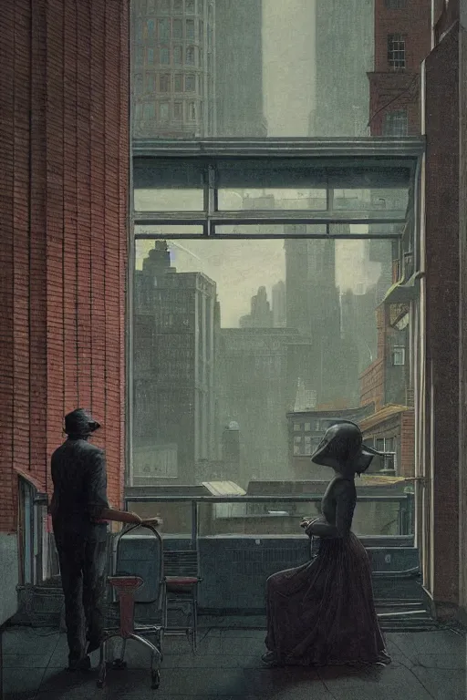 Prompt: detailed ultra - realistic graphic novel illustration of a dystopian street scene by edward hopper and gregory crewdson, cinematic, muted colors, cinematic fog, full shot, george adult, carel willink, ian miller, wayne barlowe, greg rutkowski, norman rockwell