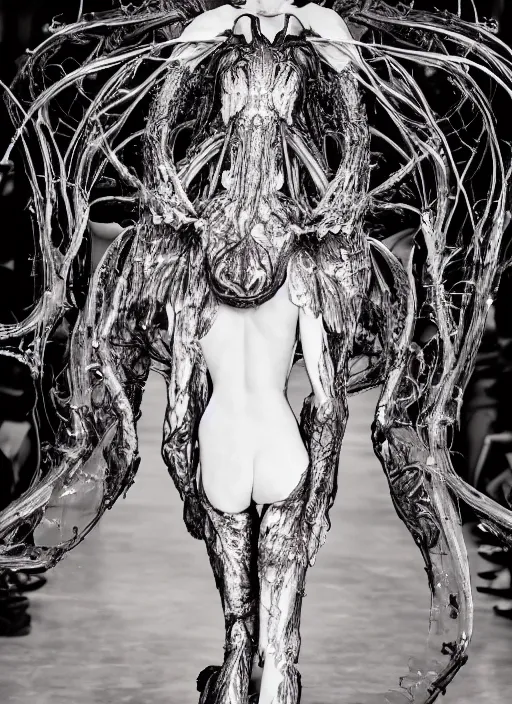 Image similar to walking down the catwalk, ben watts, show, stage, vogue photo, podium, fashion show photo, historical baroque dress dark, iris van herpen, beautiful woman, masterpiece, intricate, biopunk, vogue, full body shot, alien, plant predator, guyver, jellyfish, white biomechanical details, highly detailed