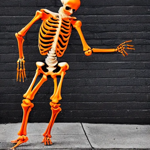 Prompt: a skeleton. his hands looks like traffic - cones. full body photography.