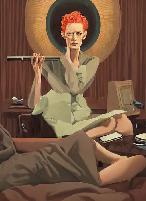 Image similar to Twin Peaks poster artwork by Michael Whelan, Bob Larkin and Tomer Hanuka, Karol Bak of portrait of radio host Tilda Swinton!!!!!!!!!! lounging in her radio sound booth, alone, late at night, from scene from Twin Peaks, simple illustration, domestic, nostalgic, from scene from Twin Peaks, clean, cover of New Yorker magazine