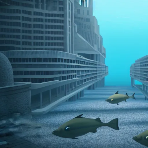 Image similar to 1 9 5 0 s city at the bottom of the ocean realistic, underwater, 8 k