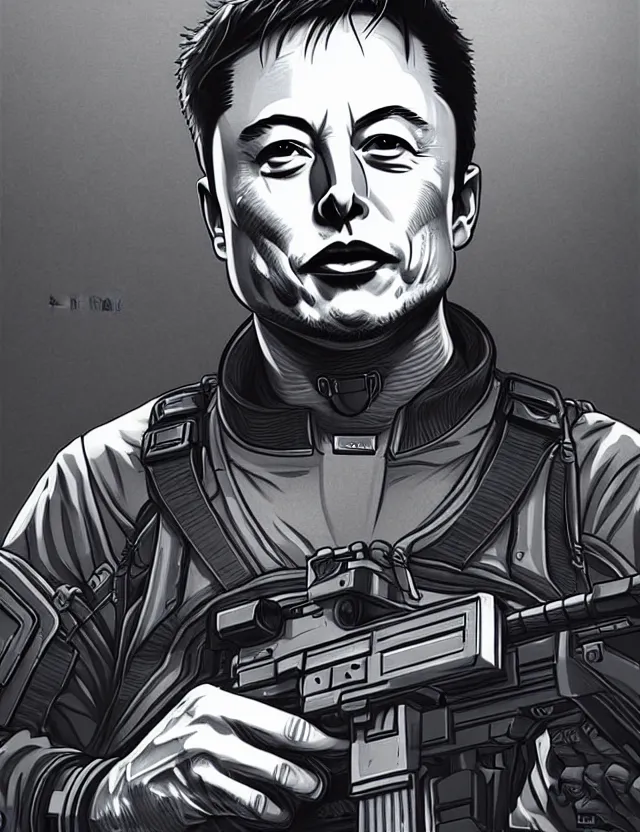 Image similar to a detailed manga illustration of elon musk in tactical gear, trending on artstation, digital art, 4 k resolution, detailed, high quality, sharp focus, hq artwork, coherent, insane detail, character portrait