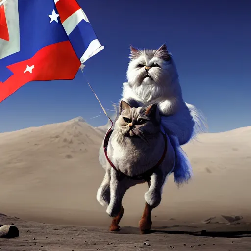 Image similar to A hyper real comic book style portait painting of a persian cat man riding a horse on the moon, Chile flag on the ground, unreal 5, hyperrealistic, octane render, cosplay, RPG portrait, dynamic lighting