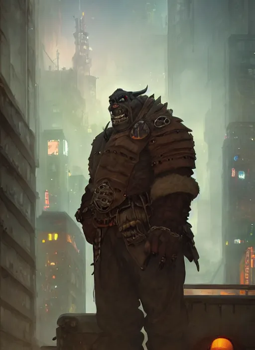 Image similar to a portrait of a dieselpunk orc in a city, tone mapped, ambient lighting, highly detailed, digital painting, artstation, concept art, sharp focus, by makoto shinkai and akihiko yoshida and hidari and wlop