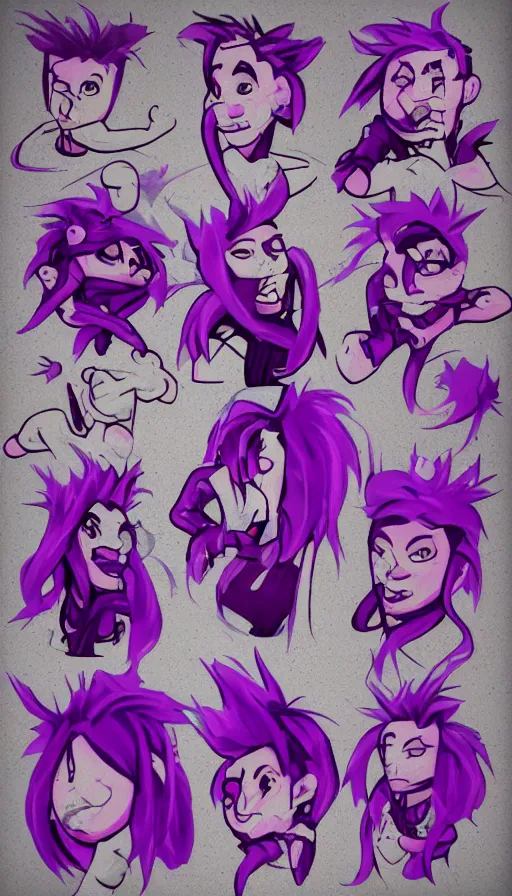 Prompt: a sprite sheet of a graffiti wirter holding a spray can and purple hair, 3D character, sweat drops, insane, intricate, highly detailed, oil painting, smooth, sharp focus, Unreal Engine 5, 8K