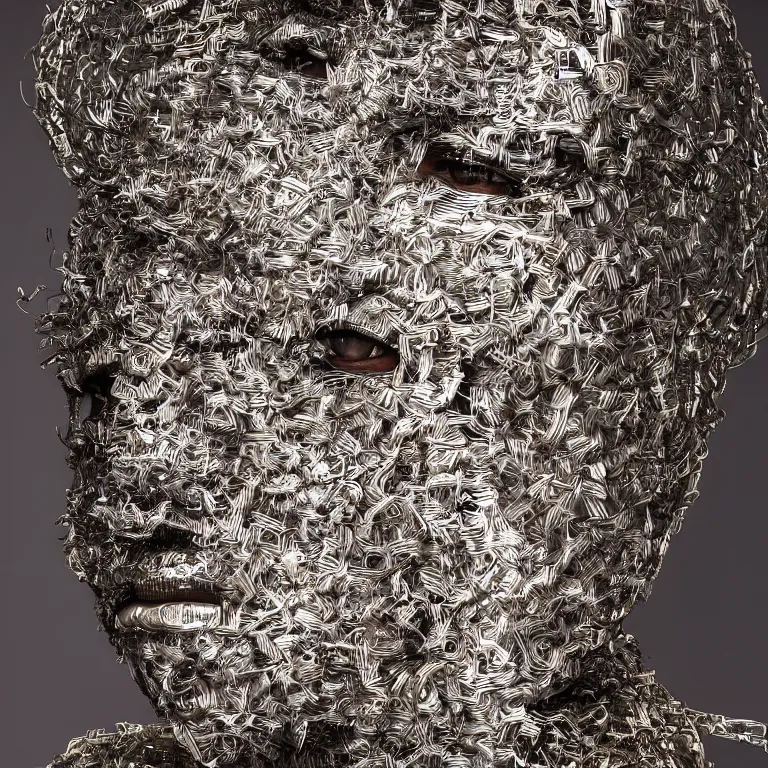 Image similar to hypperrealism octane render portrait by wayne barlow and carlo crivelli and glenn fabry, an afrrican mandinka dancer wearing an elaborate costume made of long strips of aluminum foil and hand - carved mask with intricate painted details surrounded by neon light tubes, cinema 4 d, ray traced lighting, very short depth of field, bokeh