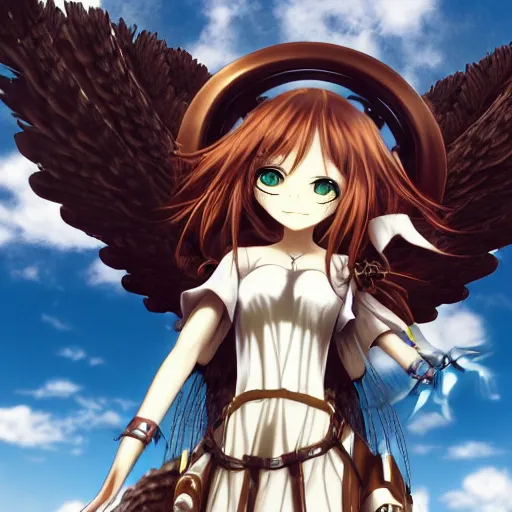 Prompt: ! dream steampunk angel anime girl with a halo made out of steam, extremely detailed, hdr, anime, studio ghibli, lush, pretty, long hair, full body portrait, cinematic lighting, sky, grass, clouds, posing, epic, intense, sharp focus,