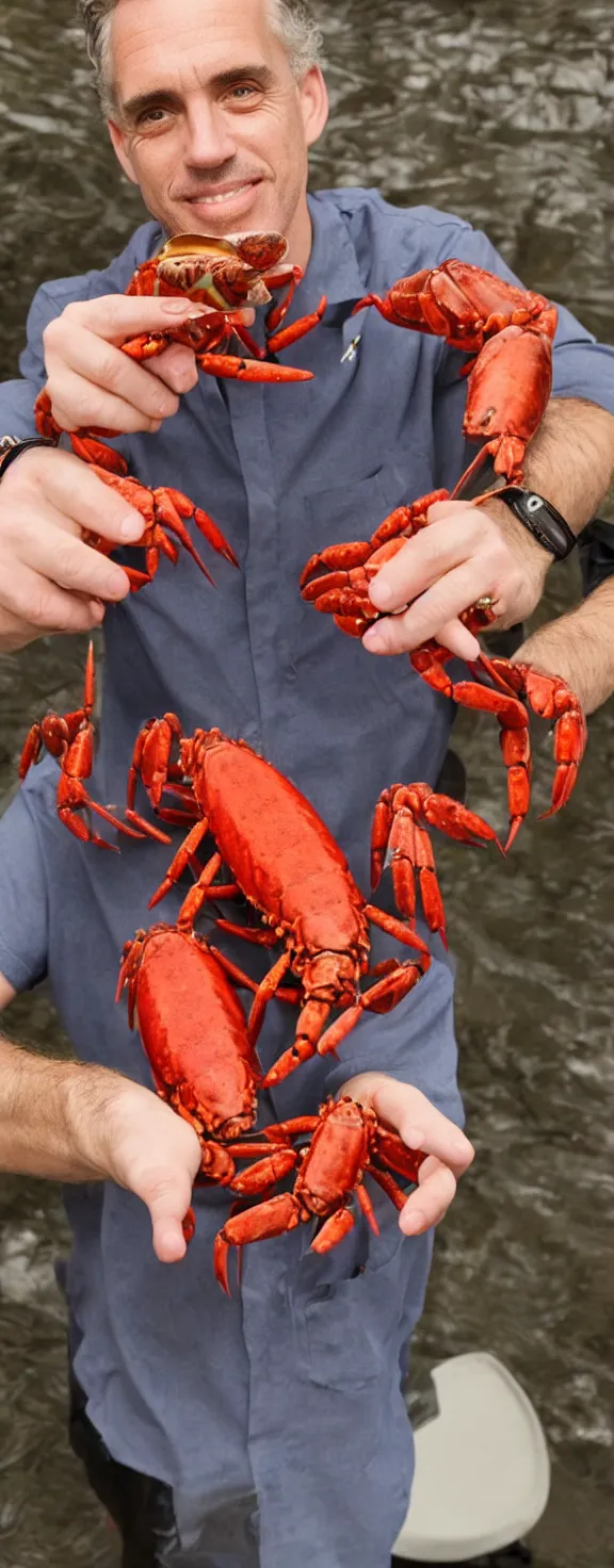 Image similar to jordan peterson holds lobsters in his hands and there are medical pills covering the floor