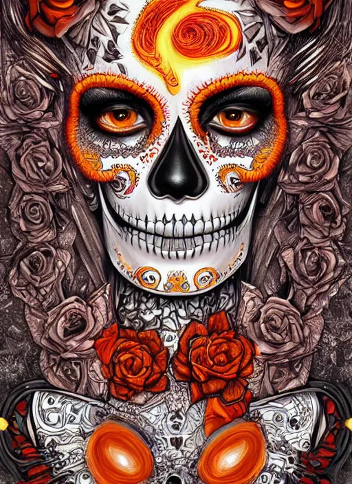 Prompt: portrait of a sugar skull, flaming eyes, intricate, highly detailed, smooth, digital illustration, artstation, the dark and quirky art of scott radke